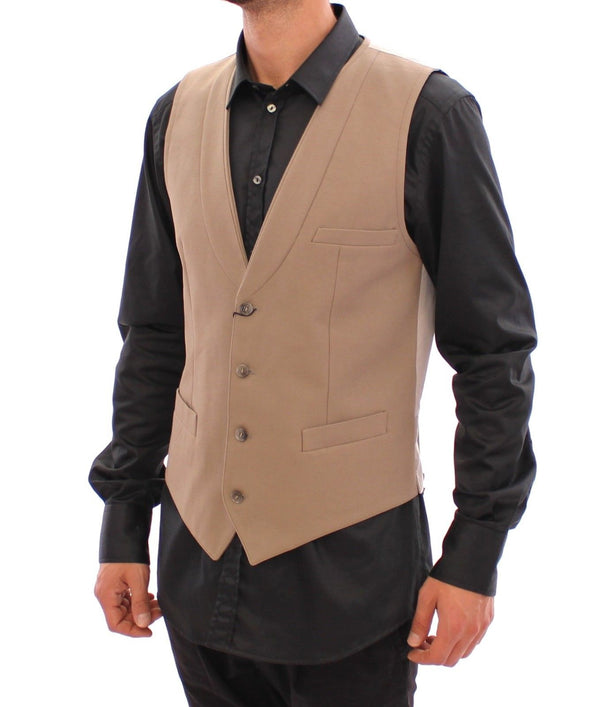 Beige Cotton Slim Fit Button Front Dress Vest