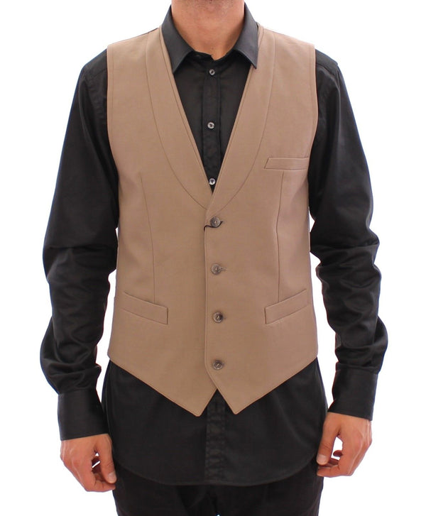 Beige Cotton Slim Fit Button Front Dress Vest