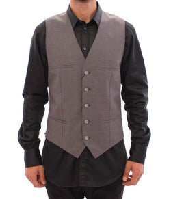 Gray Cotton Slim Fit Button Front Dress Vest