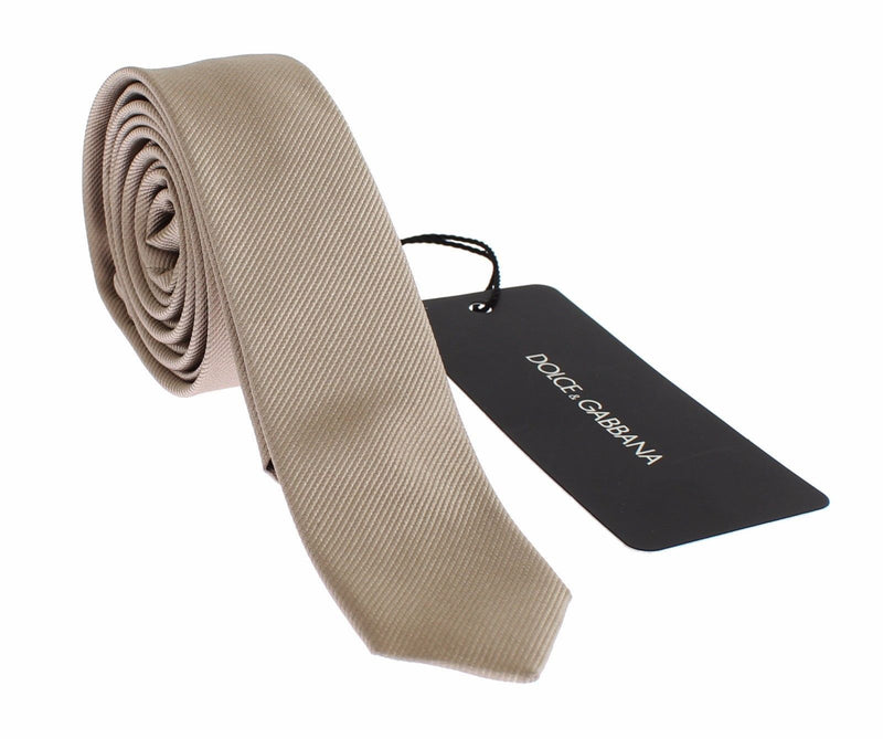 Gold Beige Solid Silk Skinny Slim Neck Tie