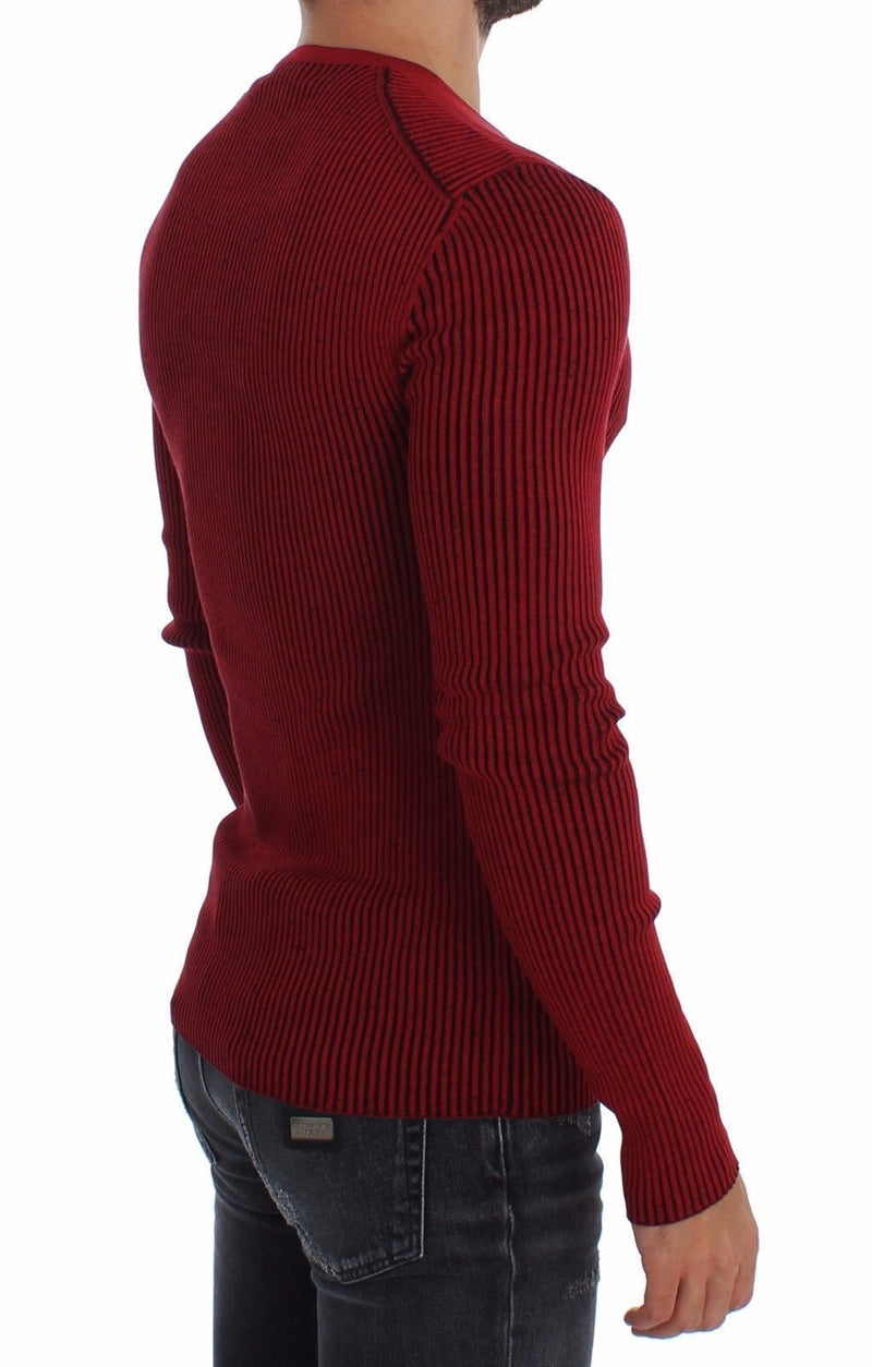 Red Silk Crewneck Ribbed Sweater