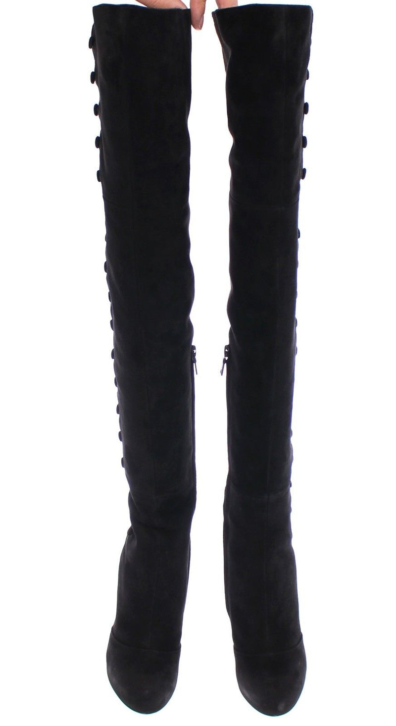 Black Suede Leather Over Knee Boots