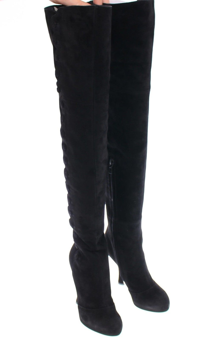 Black Suede Leather Over Knee Boots