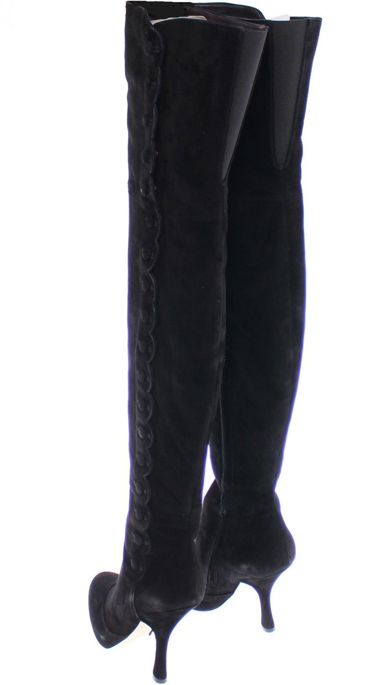 Black Suede Leather Over Knee Boots