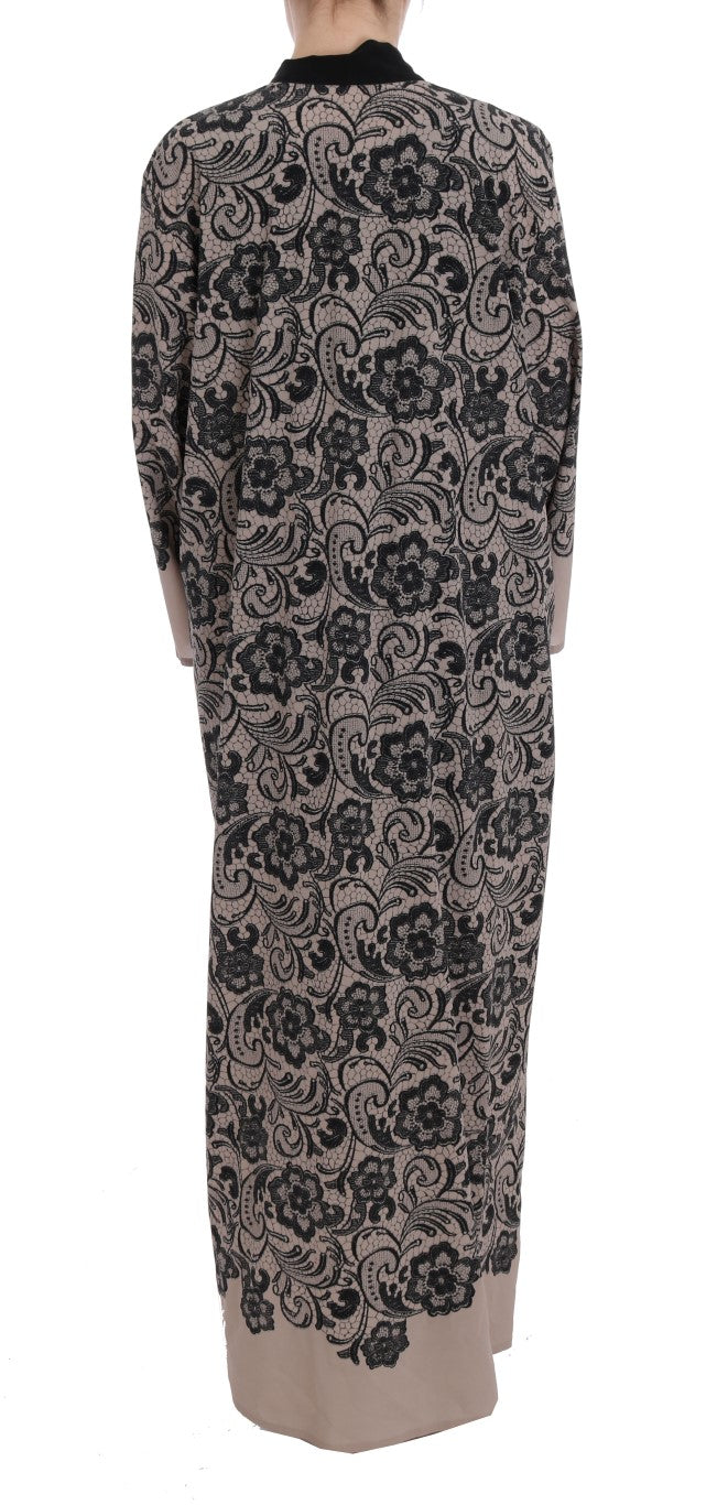 Beige Black Lace Silk Gown Dress