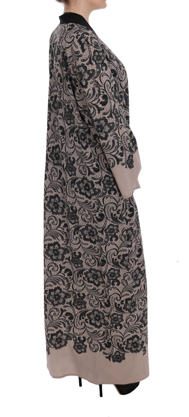 Beige Black Lace Silk Gown Dress