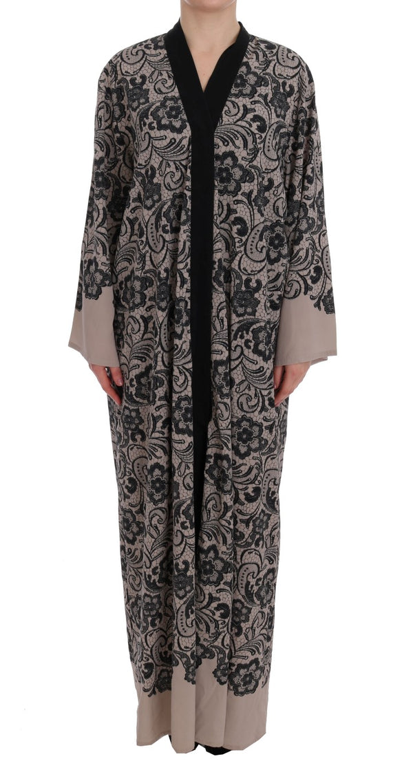Beige Black Lace Silk Gown Dress