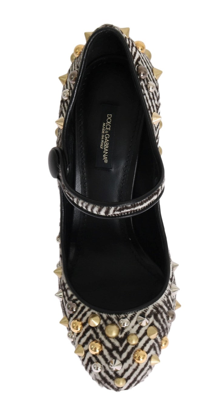 Black White Pony Hair Studded Leather Shoes