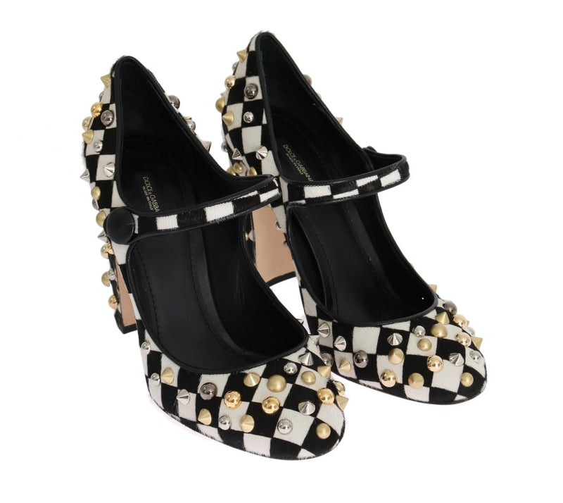 Black White Pony Fur Studded Leather Shoes