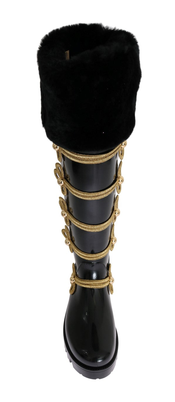 Black Fur Gold Rubber Rain Boots