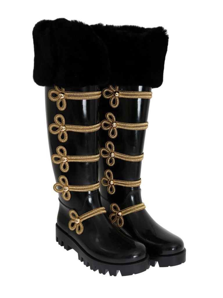 Black Fur Gold Rubber Rain Boots