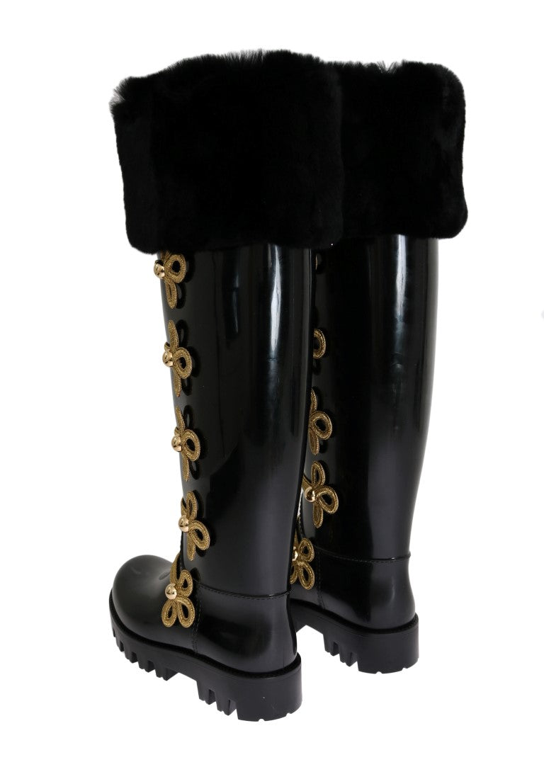 Black Fur Gold Rubber Rain Boots
