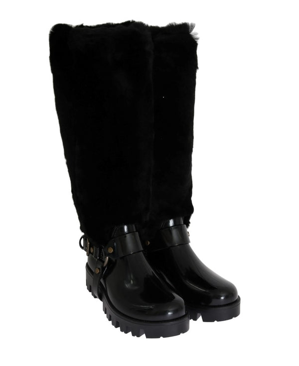 Black Rubber Lapin Fur Rain Boots
