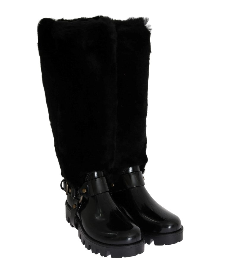 Black Rubber Lapin Fur Rain Boots