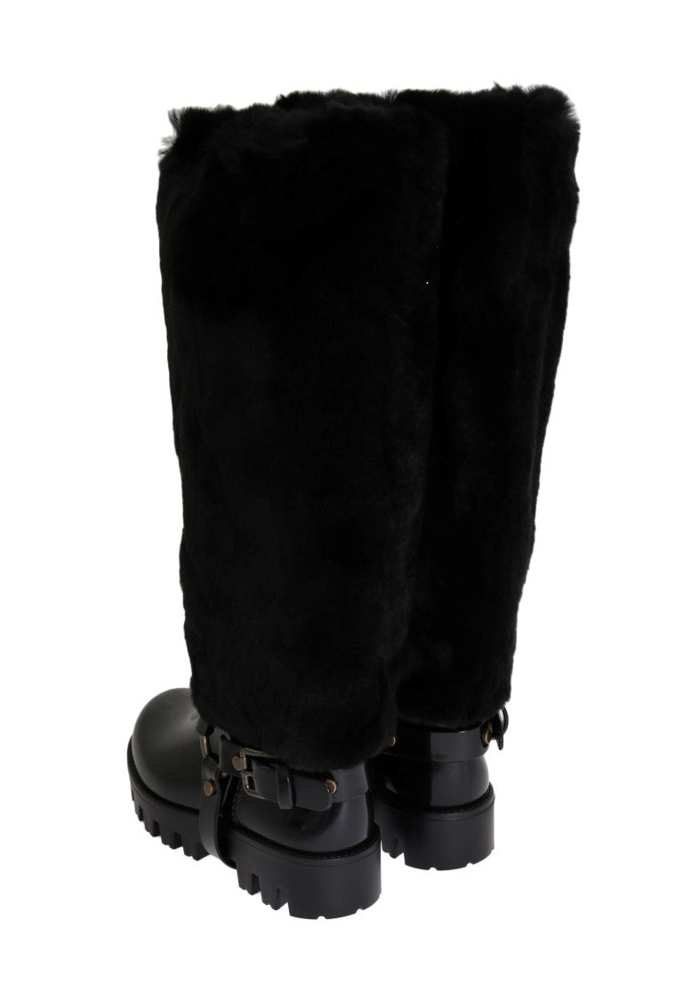 Black Rubber Lapin Fur Rain Boots