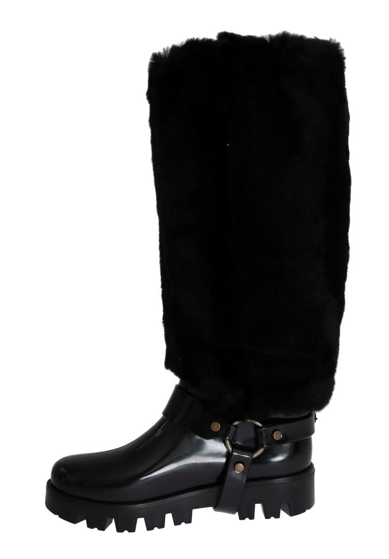Black Rubber Lapin Fur Rain Boots
