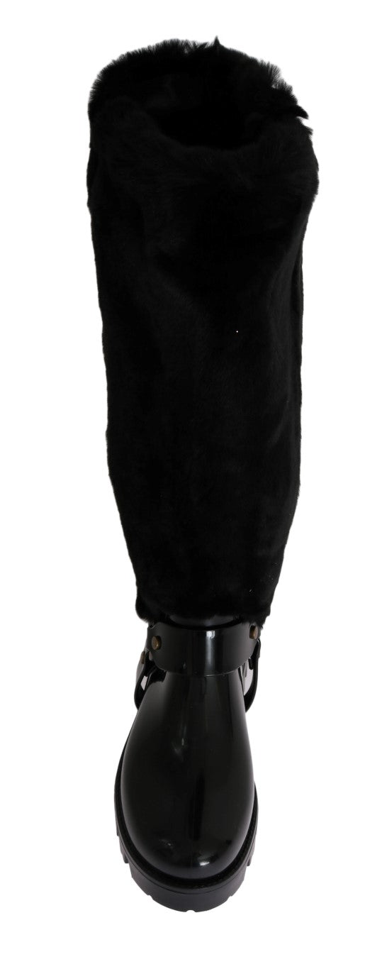 Black Rubber Lapin Fur Rain Boots