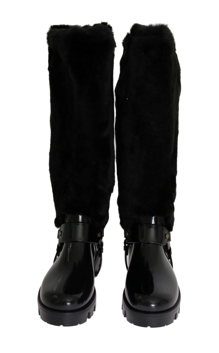 Black Rubber Lapin Fur Rain Boots