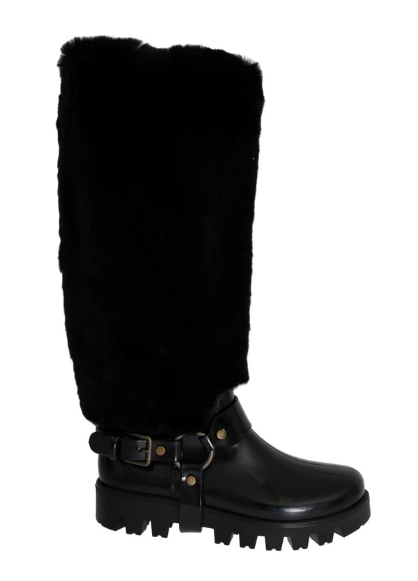 Black Rubber Lapin Fur Rain Boots