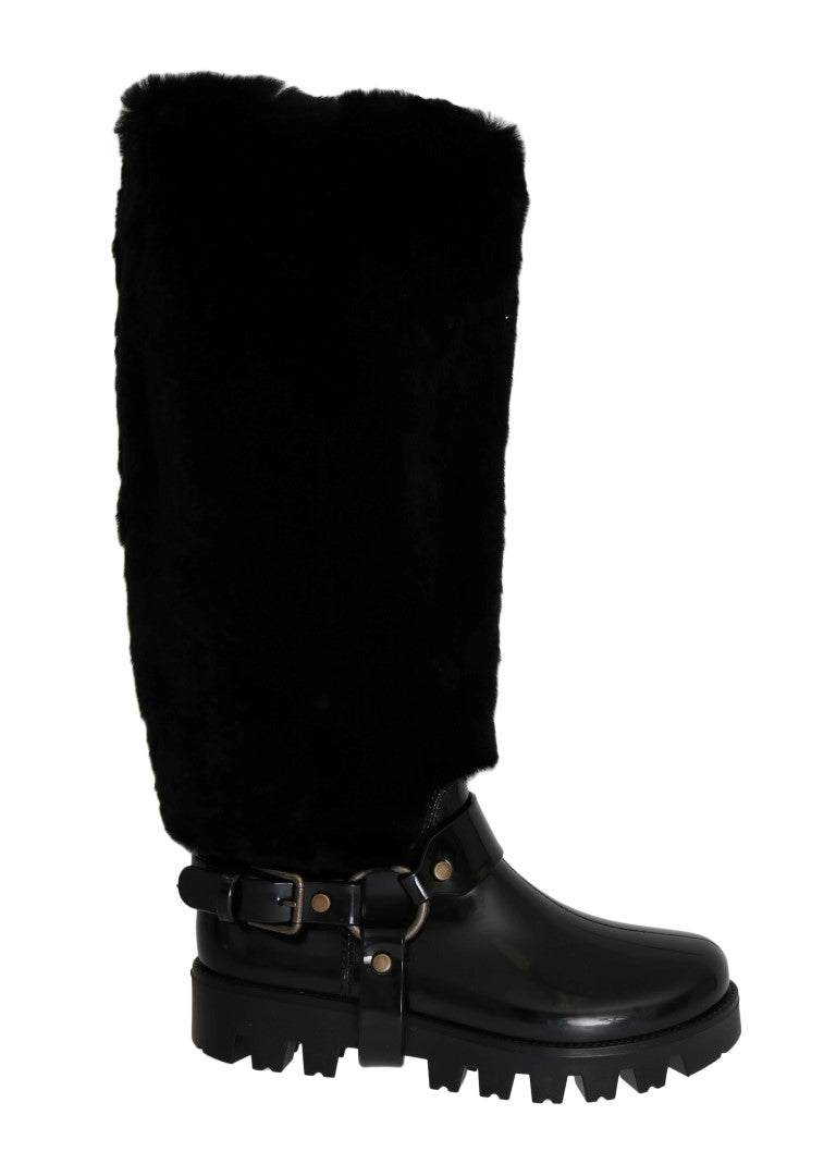 Black Rubber Lapin Fur Rain Boots