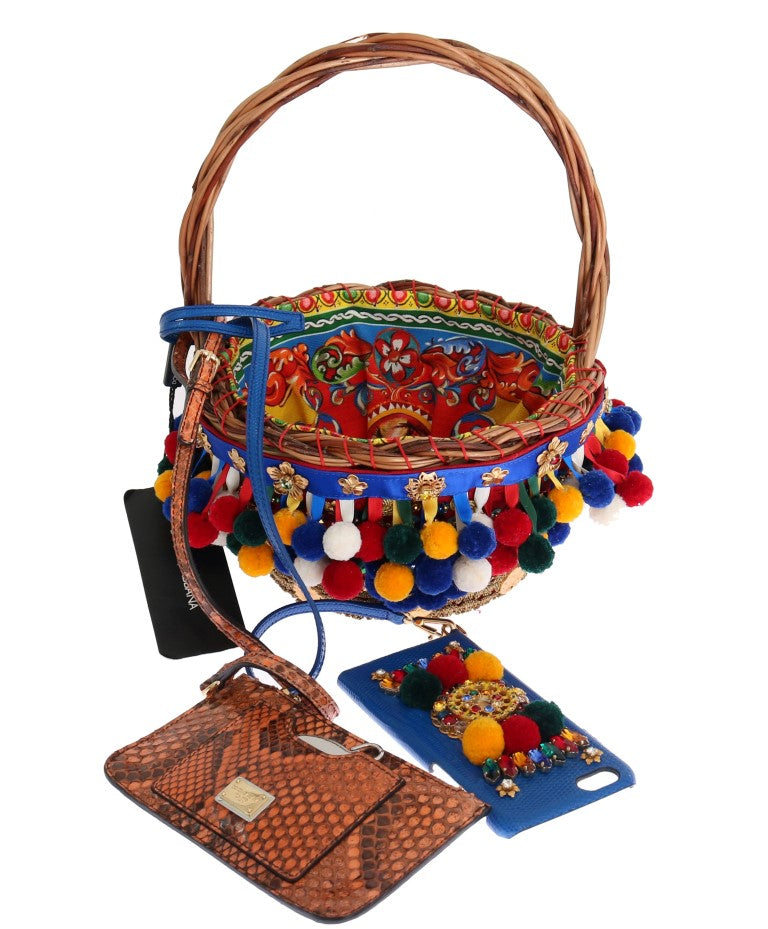 Multicolor AGNESE Straw Crystal  Pom Pom Bag
