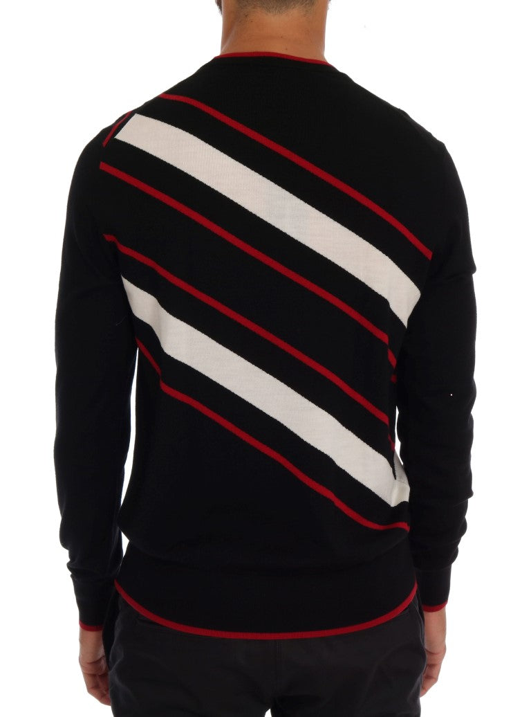 Black Wool Sequined Red White Striped Sweater