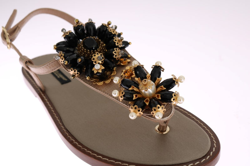 Beige Leather Crystal Floral Sandal