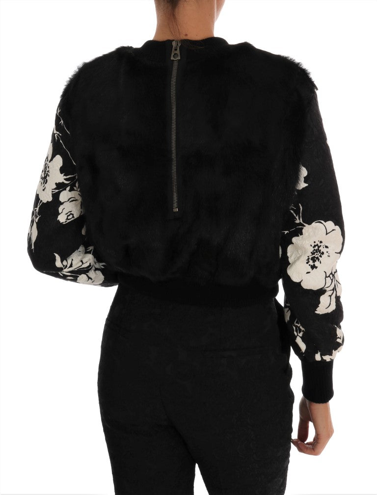 Black Fur Floral Brocade Zipper Sweater