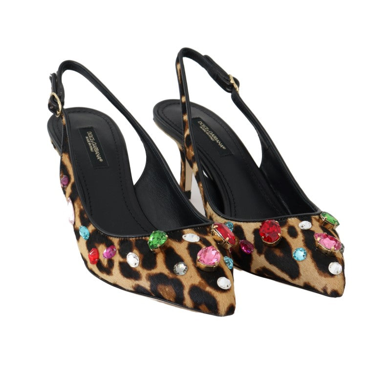 Brown Leopard Fur Crystal Slingback Shoes
