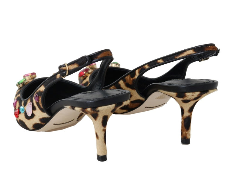 Brown Leopard Fur Crystal Slingback Shoes