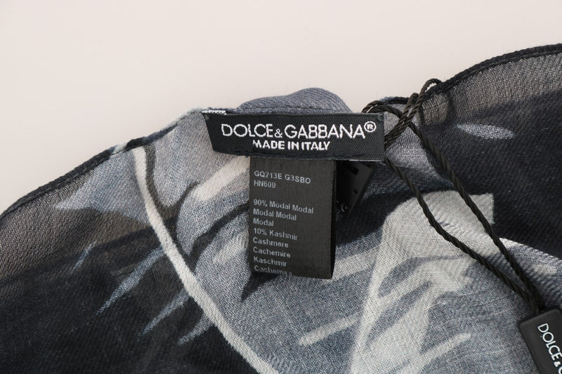 Black Gray Cashmere Leaves Print Scarf