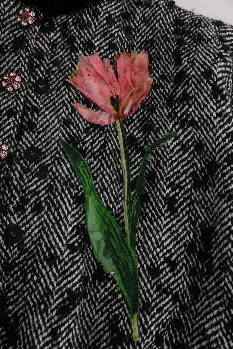 Black White Crystal Tulip Fur Coat