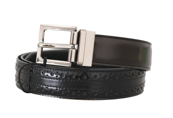 Black Brown Perforated Leather Silver Buckle Belt