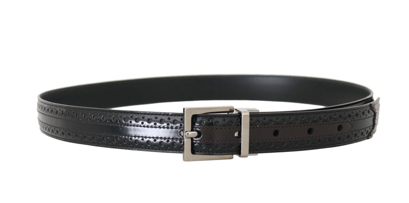 Black Brown Perforated Leather Silver Buckle Belt