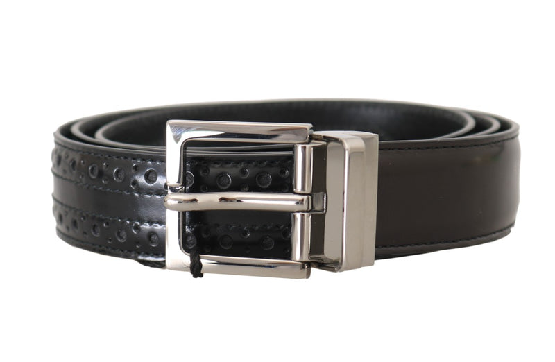 Black Brown Perforated Leather Silver Buckle Belt