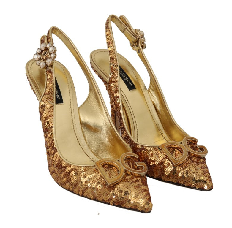 Gold Sequined Leather Slingbacks Shoes