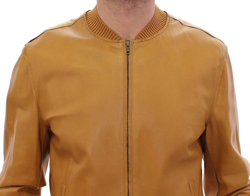 Yellow Leather Silk Jacket Coat