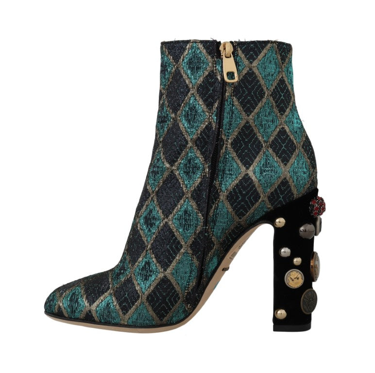 Turquoise Gold Jacquard Ankle Boots