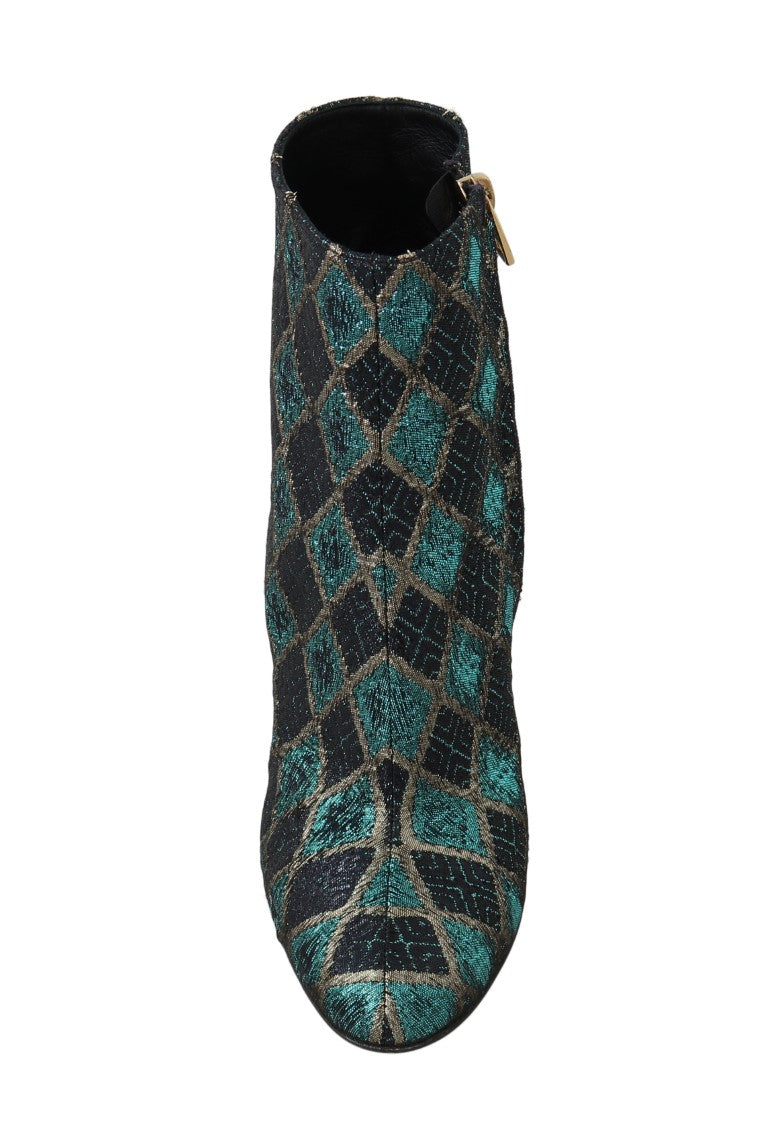 Turquoise Gold Jacquard Ankle Boots