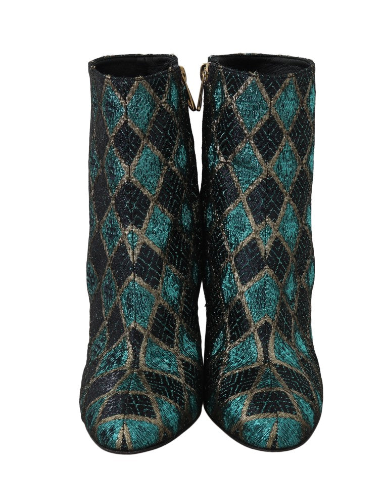 Turquoise Gold Jacquard Ankle Boots