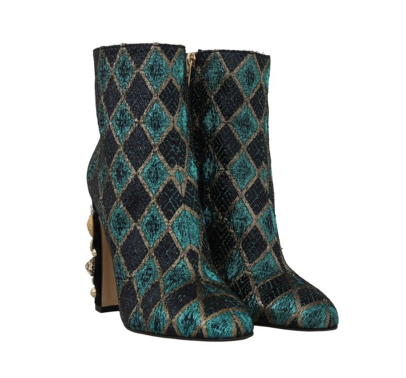 Turquoise Gold Jacquard Ankle Boots