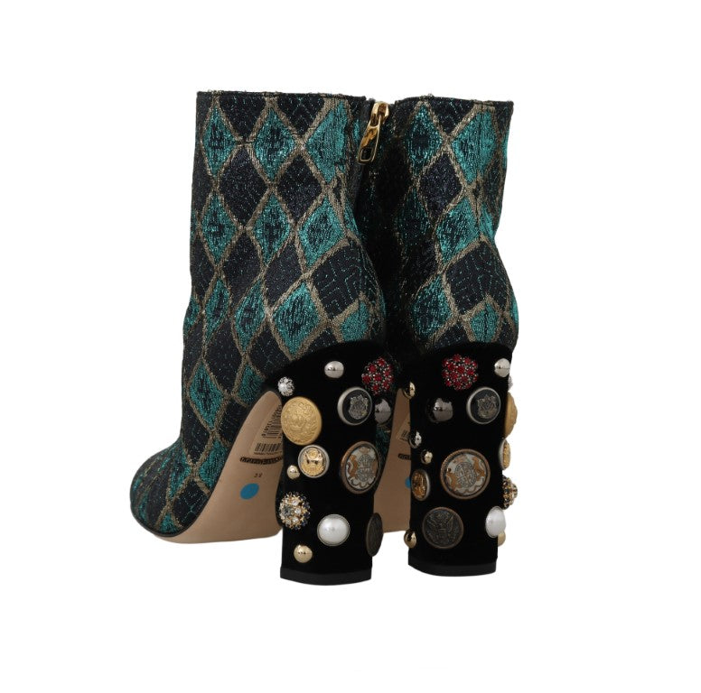 Turquoise Gold Jacquard Ankle Boots