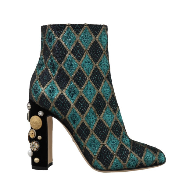 Turquoise Gold Jacquard Ankle Boots