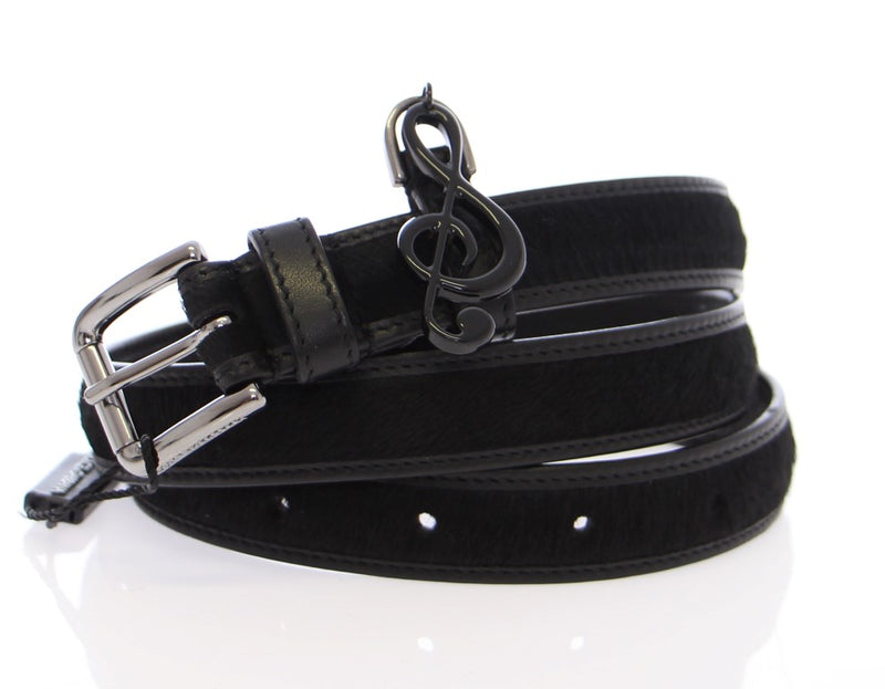 Black Leather Fur Logo Belt