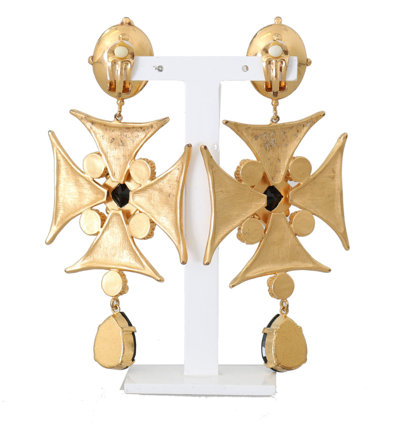 Gold Brass Cross Black Crystal ClipOn Dangling Earrings