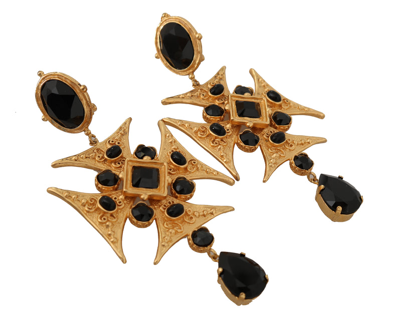 Gold Brass Cross Black Crystal ClipOn Dangling Earrings