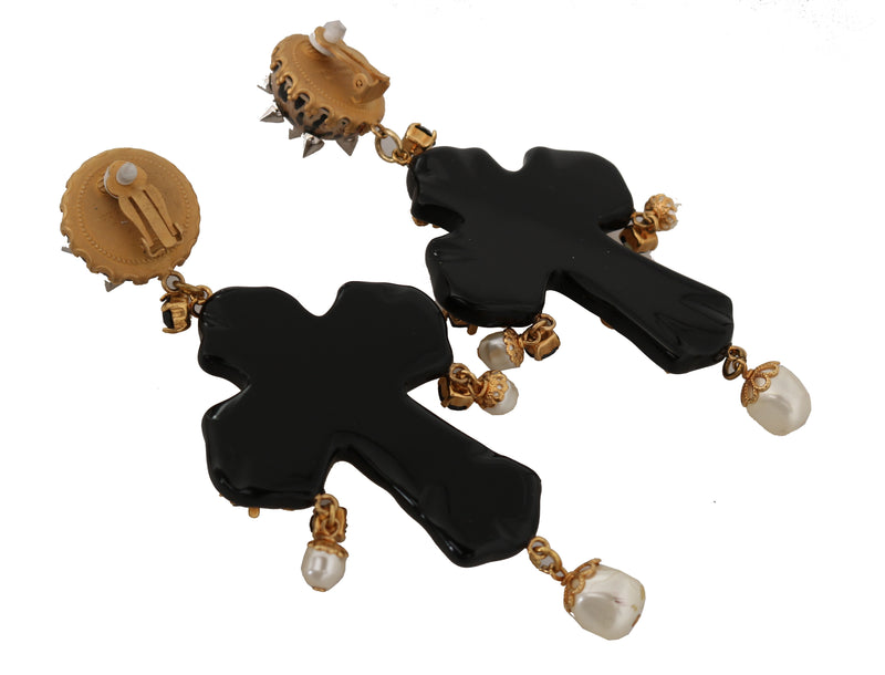 Gold Crystal SICILY Clip On Dangling Cross Earrings