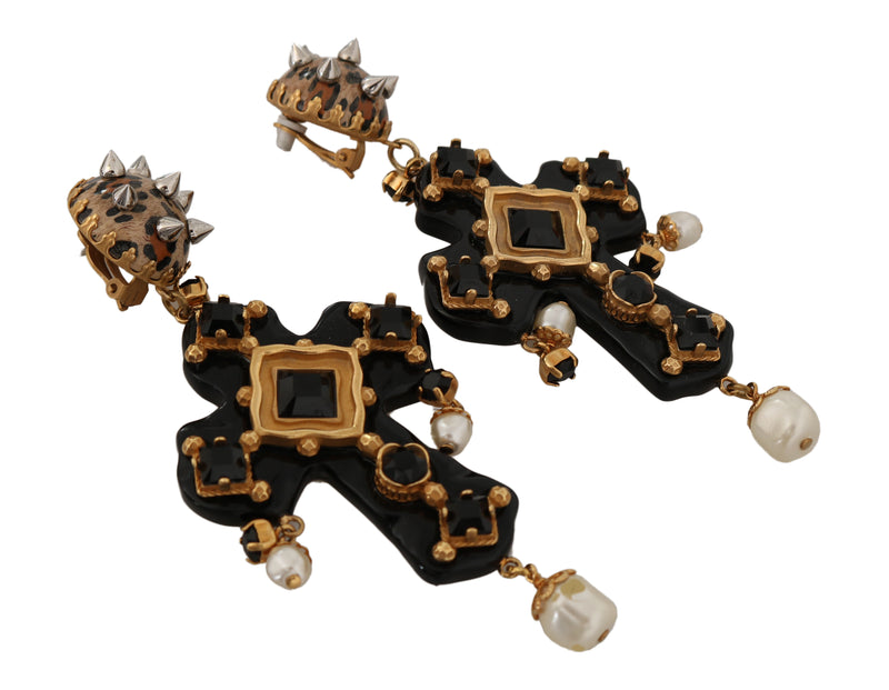 Gold Crystal SICILY Clip On Dangling Cross Earrings