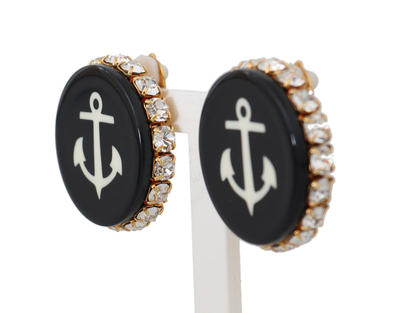 Gold Brass Clear Crystal Black Anchor Clip Earrings