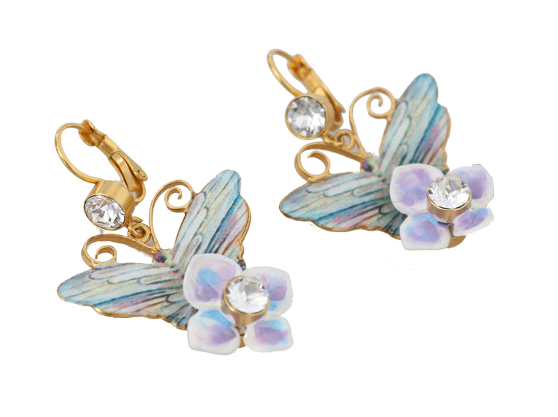 Gold Brass Clear Crystal Butterfly Hoop Dangling Drop Earrings